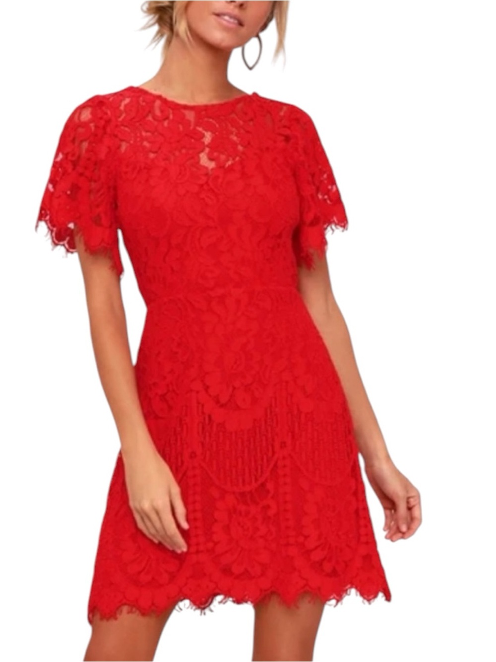 Lulus Red Lace Cocktail Dress Medium Sheath Floral Scalloped Hem NWT